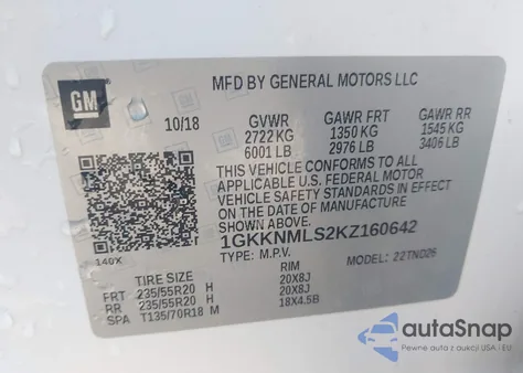 2019 GMC Acadia Slt-1 z USA, uszkodzony, nr VIN 1GKKNMLS2KZ160642